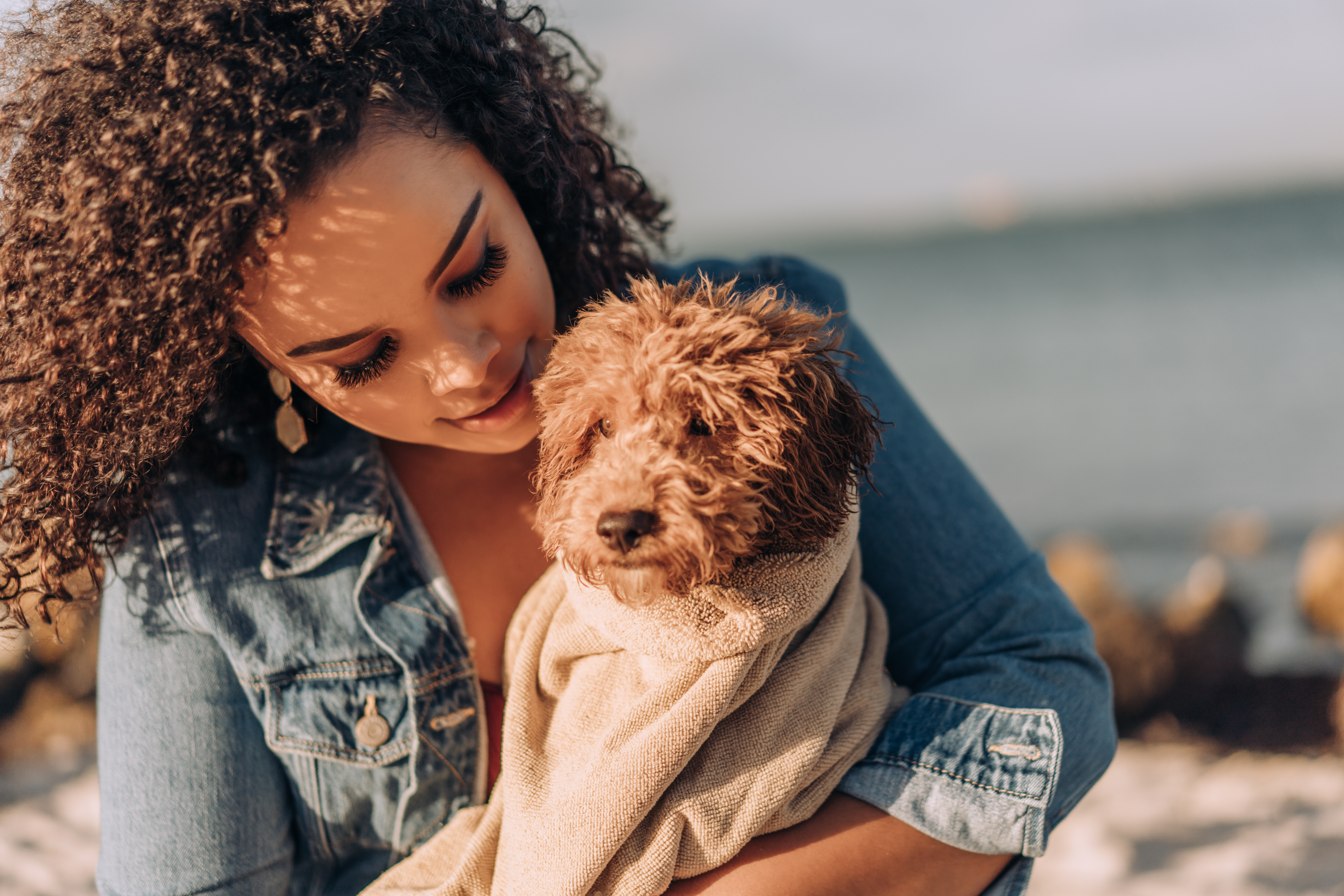 Woman wrapping up Goldendoodle puppy in a blanket.